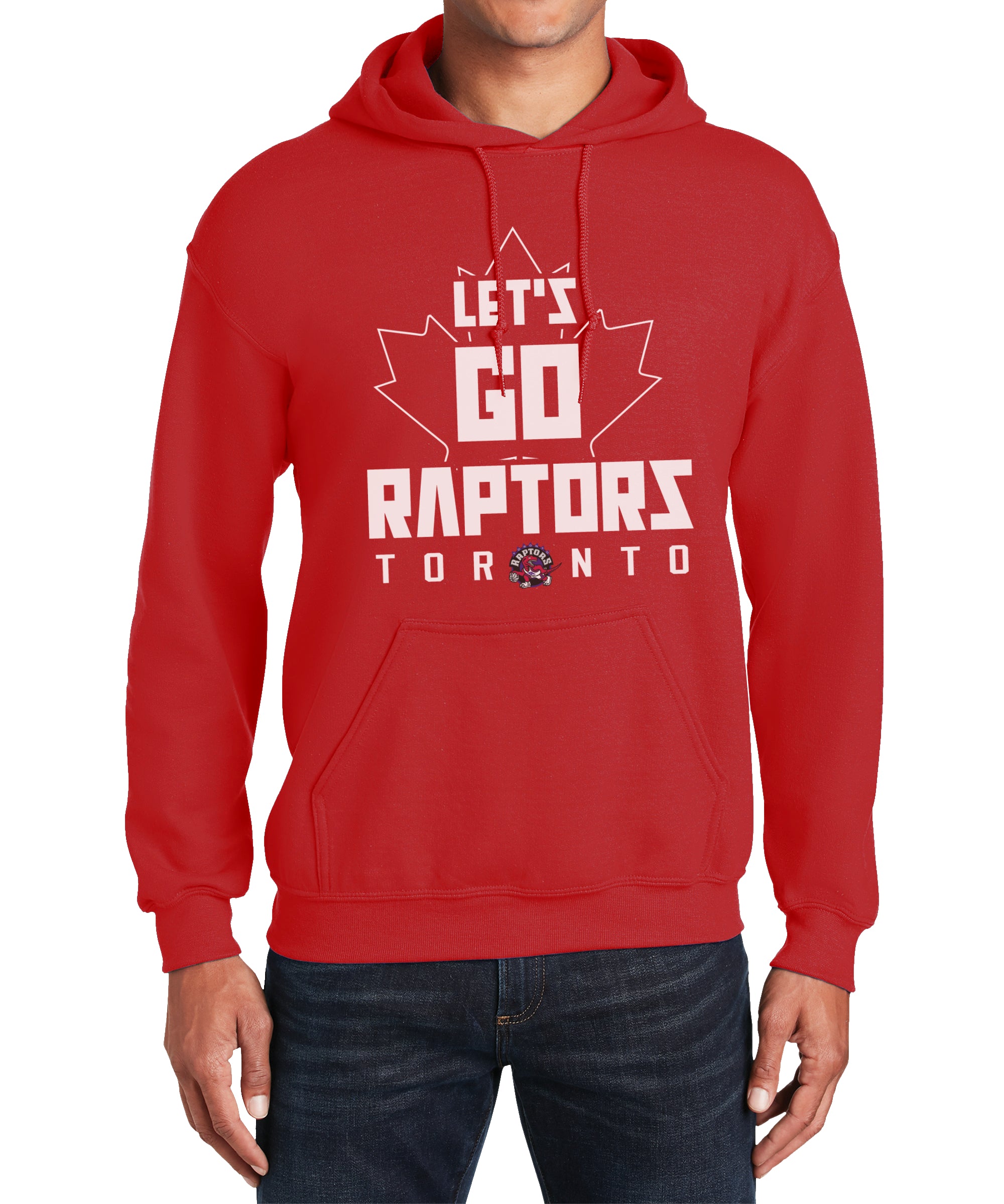Red hoodie with 'Let's Go Raptors Toronto' text on a white background